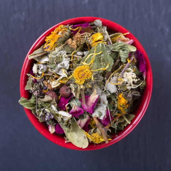 Farklı Kuru Otlar Çiçekler Kırmızı Kapta Üstten Görünüm Sağlıklı Çay — Stok fotoğraf