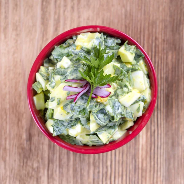 Salade Van Wilde Prei Gepocheerd Zure Room Rode Bowl Gezond — Stockfoto