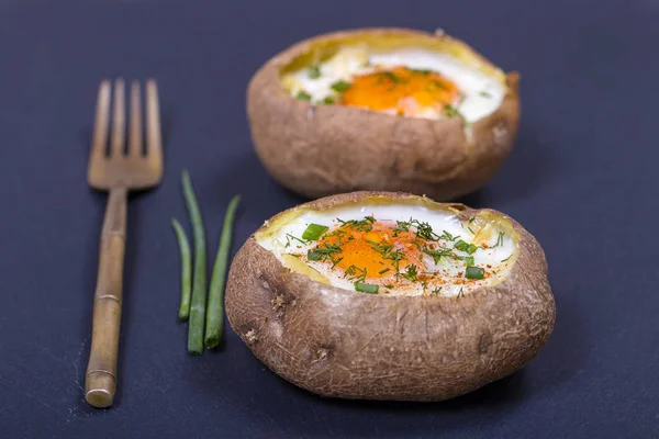 Baked Potatoes Stuffed Cheese Egg Close — Stock Photo, Image