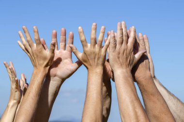 Group of people pulling hands in the air in sunlight. Many hands against blue sky background, close up clipart