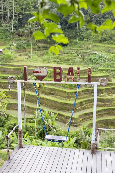 Bali Indonesia Marzo 2018 Inscripción Encanta Bali Columpio Selva Tropical — Foto de Stock