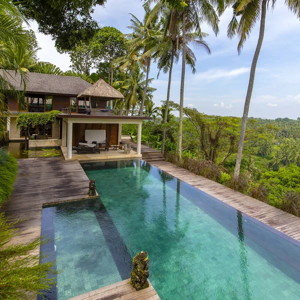 Palmeiras Coco Área Relaxamento Piscina Infinita Ilha Tropical Bali Indonésia — Fotografia de Stock