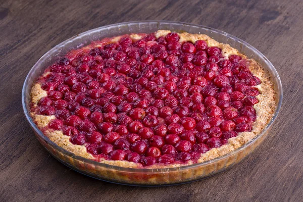 Homemade organic cherry pie dessert ready to eat, close up. Cherry tart.