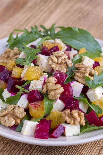 Gesunder Vegetarischer Salat Mit Roter Bete Grünem Rucola Orange Feta — Stockfoto