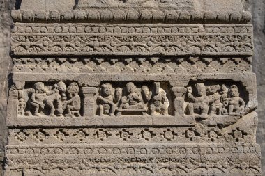 Taş oymalar, Aurangabad, Hindistan Ellora mağara arka plan doku. Yakın çekim. Unesco Dünya Mirası Maharashtra, Hindistan