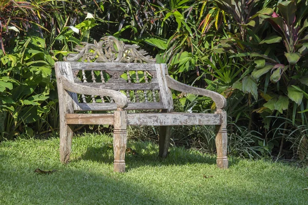 Area Ricreativa Vecchia Panca Legno Nel Giardino Tropicale Sul Prato — Foto Stock