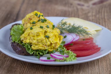 Bir parça kırmızı domates, peynir ve turp ahşap bir masa üzerinde siyah ekmek üzerinde yumurta omlet kapatın. Kahvaltı konsepti