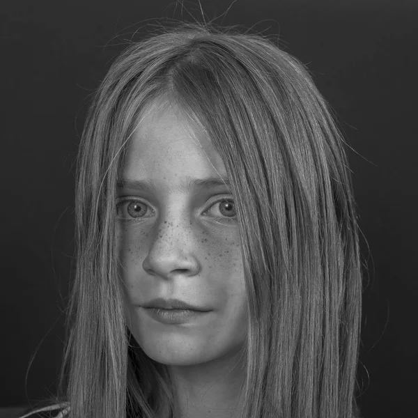 Beautiful Blond Young Girl Freckles Indoors Close Portrait Black White — стоковое фото