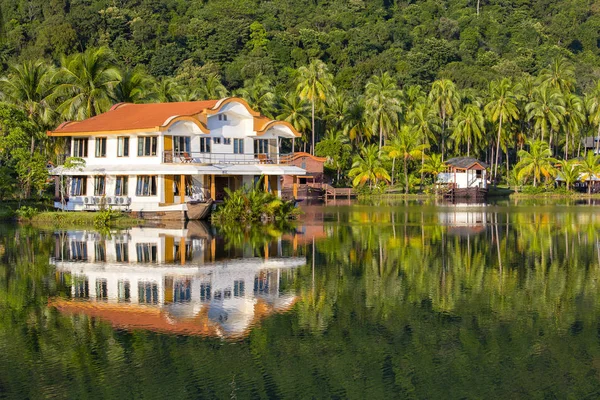 Pond Front Beautiful Tropical Place Green Coconut Palm Trees Lake — Stock Photo, Image