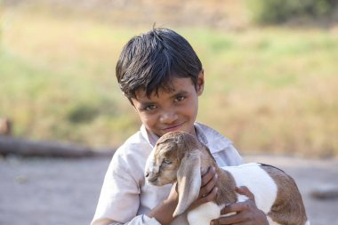 Mandu, Hindistan - 03 Şubat 2017: Goatling ile Caddesi'nde kimliği belirsiz Hint çocuk. Yoksulluk Hindistan önemli bir konudur