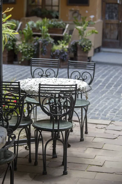 Empty Tables Chairs Outdoor Street Cafe City Center Lviv Ukraine — Stock Photo, Image