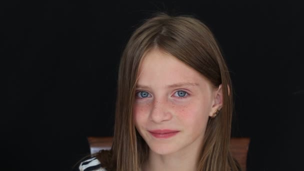 Beautiful Blond Young Girl Freckles Indoors Black Background Close