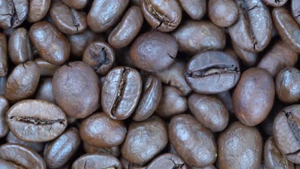 揚げコーヒー豆背景 回転単発 トップ ビューを閉じる 食品の背景 料理コンセプトは 有機食品 マクロのコーヒー豆 — ストック動画