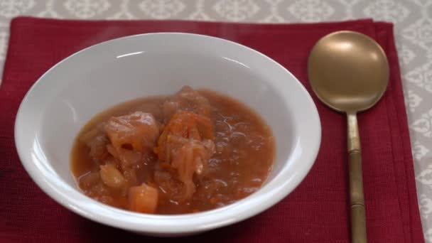 Белая Тарелка Домашней Закуской Вкусным Борщом Красный Свекольный Овощной Суп — стоковое видео