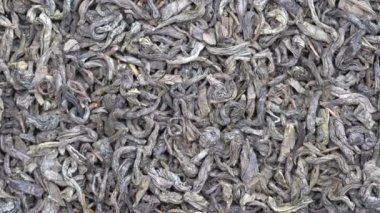Arka plan yeşil çay yakın. Döngü döndürme. Kameranın ön kısmında döner levha ile yeşil çay, makro