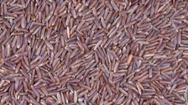 Cilasız kahverengi pirinç arka planını kazık, rotasyon loopable 4 k en iyi görünümü kapatın. Gıda arka plan. Gastronomi kavramı, organik gıda. Makro organik pirinç