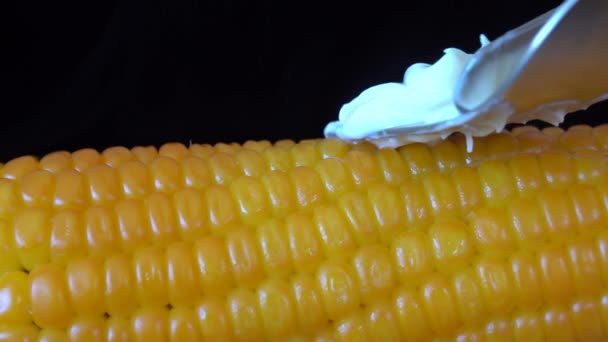 Plasterki Masło Gotowanej Kukurydzy Kawałek Masła Powoli Slajdy Dół Powierzchni — Wideo stockowe