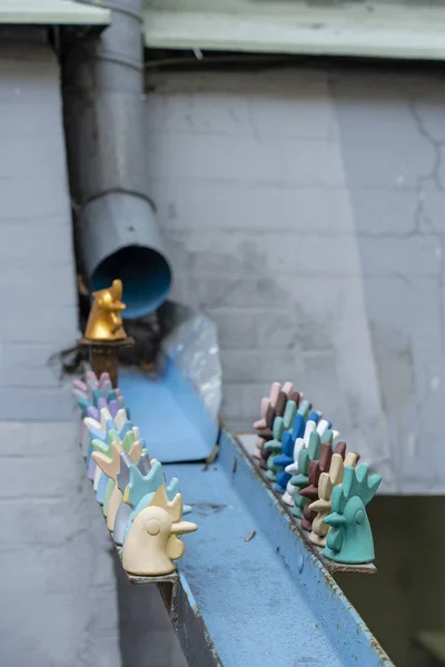 Drainpipe Decorated Figures Roosters Street City Kiev Ukraine Close — Stock Photo, Image