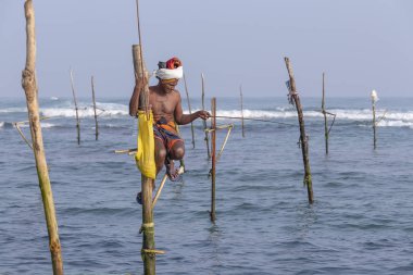 Koggala, Sri Lanka - 9 Kasım 2014: Tanımlanamayan yerel balıkçılar benzersiz tarzı balık. Bu tür balık tutma için Güney Sri Lanka Hint Okyanusu'nda geleneksel.