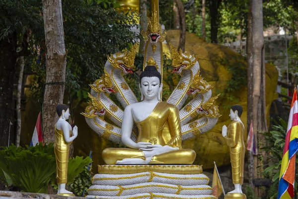 Vacker Buddhastaty Med Naga Huvuden Buddhistiska Templet Thailand Sten Buddha — Stockfoto