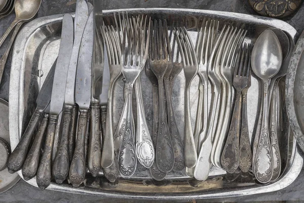 Old Spoon Forks Knives Metal Tray Sold Flea Market Top — Stock Photo, Image