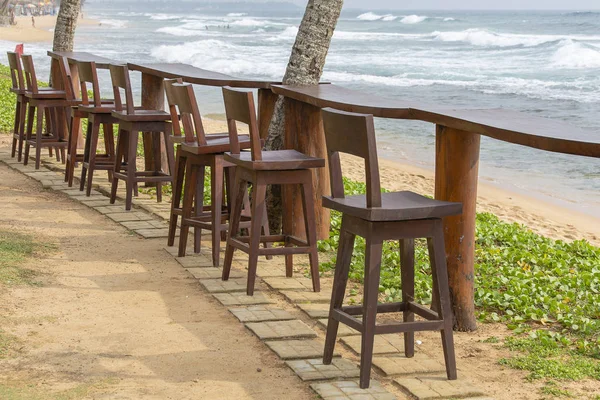 Wooden Chairs Table Empty Cafe Next Sea Water Tropical Beach — Stock Photo, Image