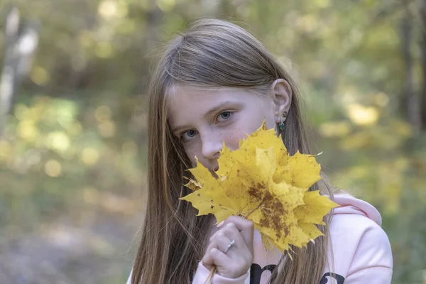 Schöne Blonde Junge Mädchen Mit Sommersprossen Freien Auf Naturhintergrund Herbst — Stockfoto