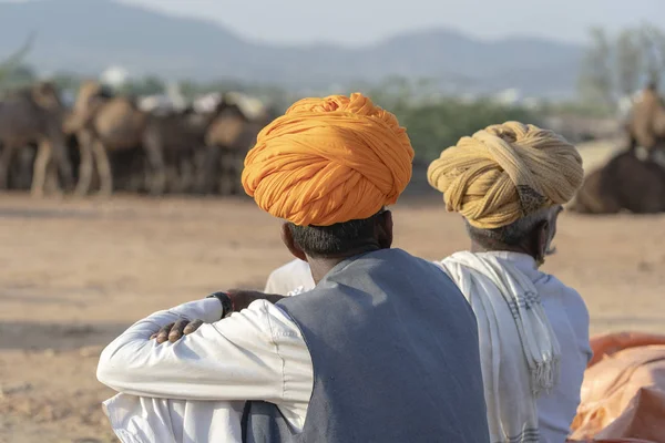 Indische Männer Und Herden Kamele Der Wüste Thar Während Pushkar — Stockfoto