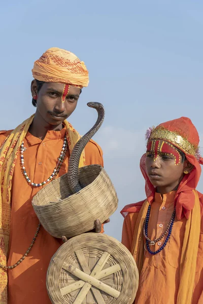 Pushkar India November 2018 Hindu Sadhu Holy Men Snake Cobra — Stock Photo, Image
