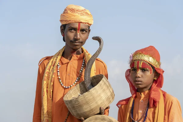 Hindu sadhu kutsal erkek ve yılan kobra Pushkar, Hindistan, portre kadar yakın — Stok fotoğraf