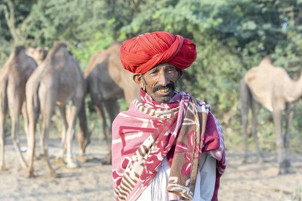 Pushkar Índia Novembro 2018 Homens Indianos Camelos Rebanho Deserto Thar — Fotografia de Stock