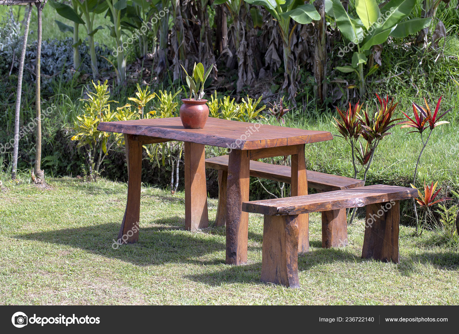 Wooden Table Chairs Empty Cafe Tropical Yard Close Island Bali Stock Photo By Olegdoroshenko 236722140 Wooden Table Chairs Empty Cafe Tropical, Wooden Table Chairs For Garden
