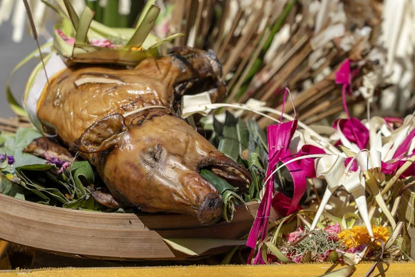 Prasátko pro balijský hinduistický obřad na centrální ulici v Ubud, ostrov Bali, Indonésie. Detailní — Stock fotografie