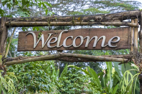Texto de bienvenida en un tablero de madera en una selva de la selva tropical de la isla de Bali, Indonesia. Bienvenido letrero de madera inscripción en los trópicos asiáticos, primer plano — Foto de Stock