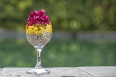Chia tohum pudingle kırmızı dragon meyve, tutku meyve, mango ve avokado Yüzme Havuzu su, closeup arka günü kahvaltıda bir bardak içinde. Sağlıklı beslenme kavramı.