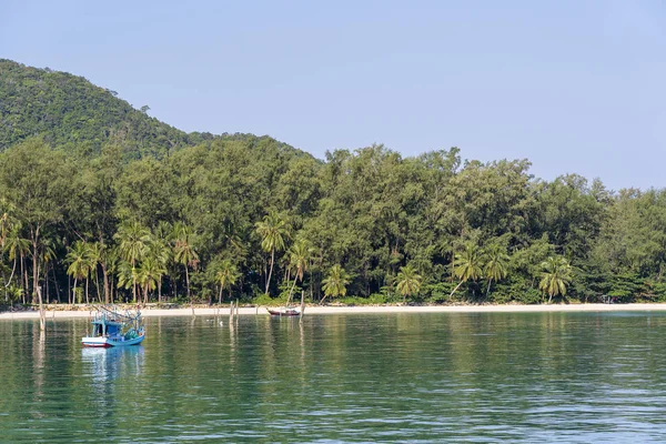 Bella baia con palme e barche. Spiaggia tropicale e acqua di mare sull'isola di Koh Phangan, Thailandia — Foto Stock