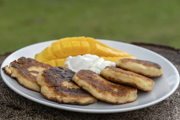 Mango ve ekşi krema ile Cheesecakes. Nefis tatlı, yakın çekim — Stok fotoğraf
