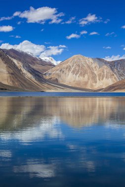 Hint Himalayalar, Ladakh bölgesi, Hindistan mavi gökyüzü ve göl Pangong karşı görkemli kayalık dağların görünümü. Doğa ve seyahat konsepti