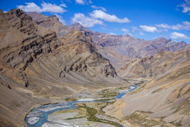 Manali karayolu Leh boyunca Himalaya dağ manzara. Hint Himalayaları'nda mavi nehir ve kayalık dağlar, Hindistan