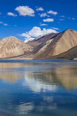 Hint Himalayalar, Ladakh bölgesi, Hindistan mavi gökyüzü ve göl Pangong karşı görkemli kayalık dağların görünümü. Doğa ve seyahat konsepti