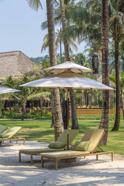 Tatil ve rahatlama için tropikal sahil şeridinde güneş şemsiyesi ve plaj sandalyeleri , Tayland. Seyahat ve doğa konsepti