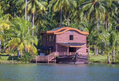 Yeşil palmiye ağaçları olan ormanda, denizin yanında bir gemi şeklinde tropikal bir ev. Tayland 'da lüks bir sahil beldesinde. Doğa ve seyahat kavramı