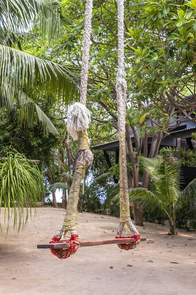 スイングは、庭、タイの砂浜の上に熱帯の木からハングアップします。夏、旅行、休暇、休日のコンセプト — ストック写真
