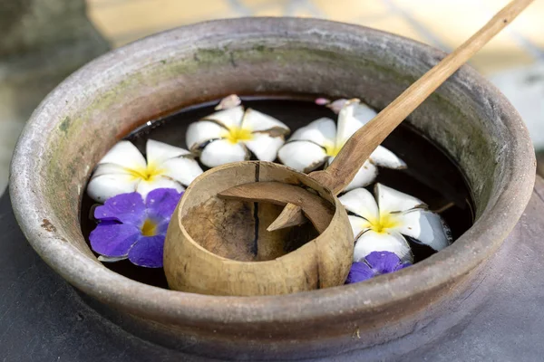 Scoop kokosnoot shell en een aardewerk jar gevuld met water samen met bloemen. Thailand — Stockfoto