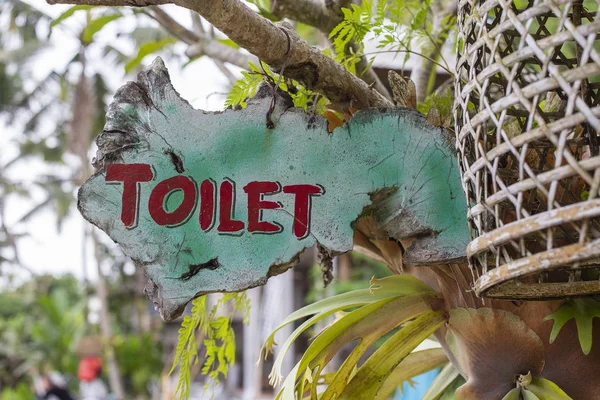 Toaleta na dřevěné desce tropického ostrova Bali, Indonésie. Vertikální pohled na klasický jednoduchý design ručně vyrobené dřevěné známky záchodu dávat směr WC — Stock fotografie
