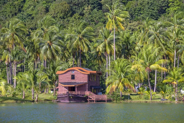 밀림 속 바다 옆에 녹색 야자수가 있는 배의 형태로 된 열 대의 집입니다. 태국의 어느 섬에 있는 럭셔리 해 변입니다. 자연과 여행의 개념 — 스톡 사진