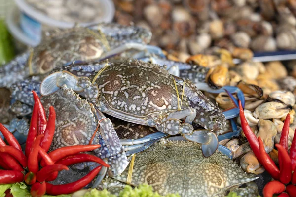 Fresh crabs at street market in Thailand. Seafood concept. Raw sea crab for cooking, closeup — Stock Photo, Image