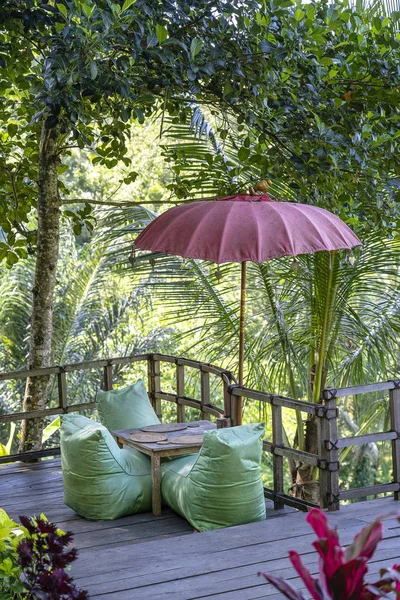 Rekreációs terület és a zöld levelek pálmafák közelében rizs teraszok in Ubud, sziget, Bali, Indonézia — Stock Fotó