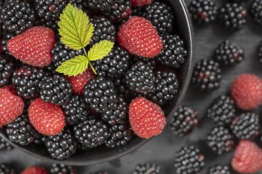 Taze organik böğürtlen ve ahududu arka plan, yakın. Üst görünüm böğürtlen ve ahududu