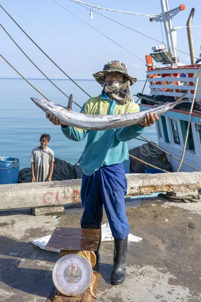 Thai fisherman shows caught fish on the pier near fishing boat on the island Koh Phangan, Thailand — Stock Photo, Image